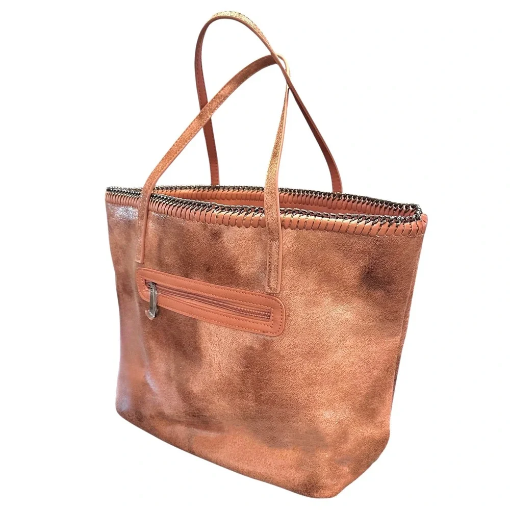 Chico's Marbled Faux Leather Large Tote Bag Blush Tan Brown Metal Chain Trim NEW